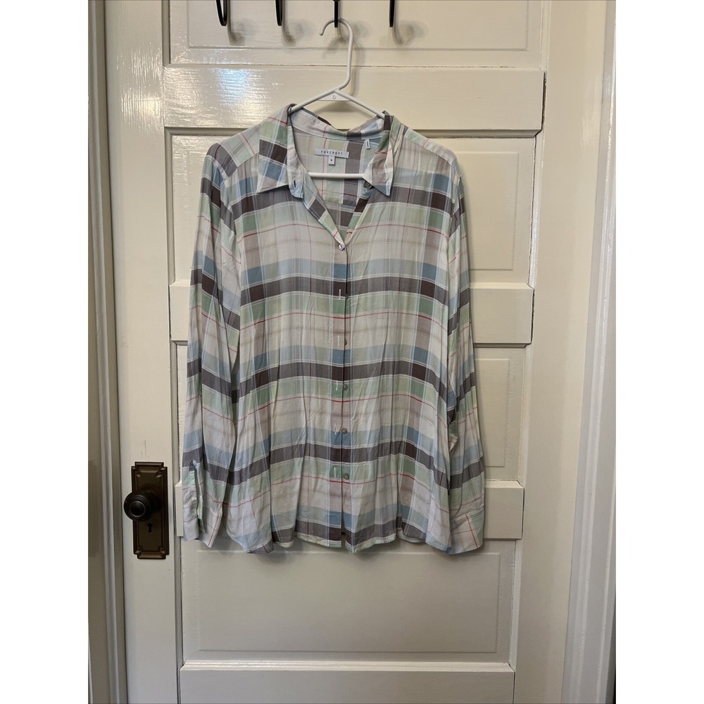 Foxcroft Women 18 Multicolor Light Check Plaid Button Up Shirt Long Sleeve Top